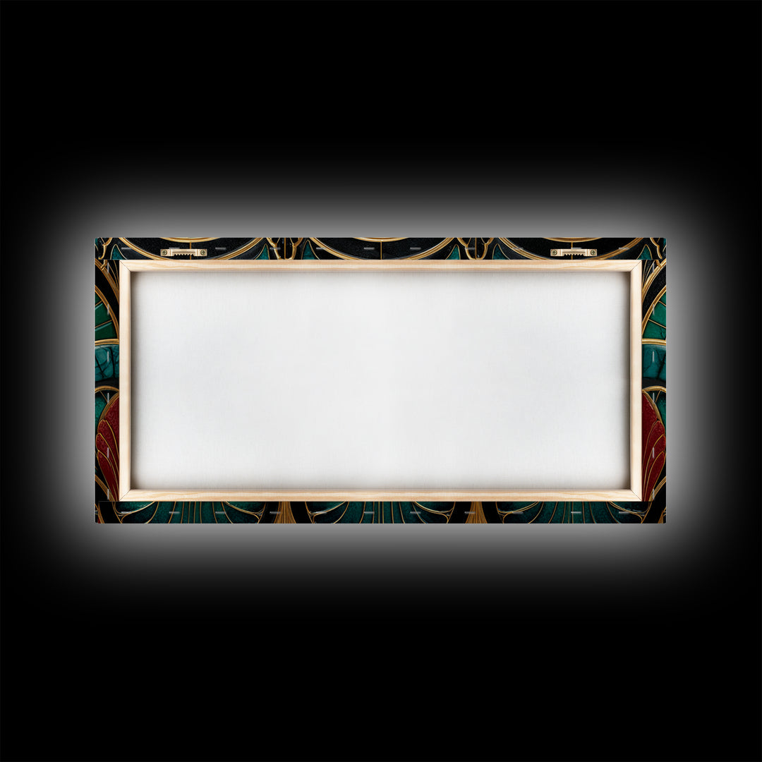 Emerald Peacock Feather Pattern Framed Canvas Print, Art Deco Art, Statement Artwork, Living Room Decor, Fine Art, Glamour, ADA-2x1-20