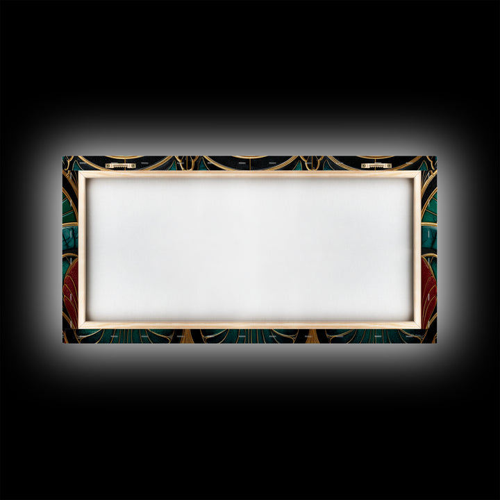 Emerald Peacock Feather Pattern Framed Canvas Print, Art Deco Art, Statement Artwork, Living Room Decor, Fine Art, Glamour, ADA-2x1-20