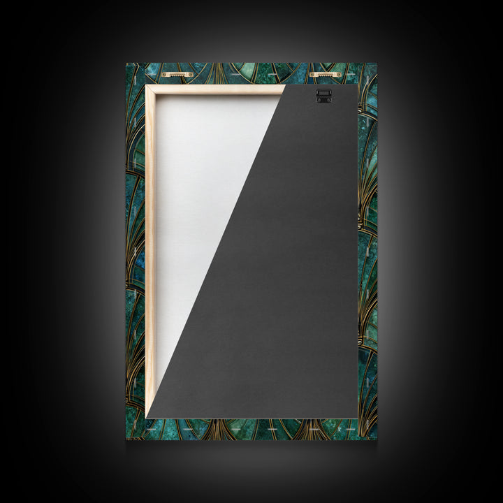 Emerald Peacock Feather Pattern Framed Canvas Print, Art Deco Art, Blue Wallpaper, Living Room Decor, Oil Painting, Glamour, ADA-2x3-8