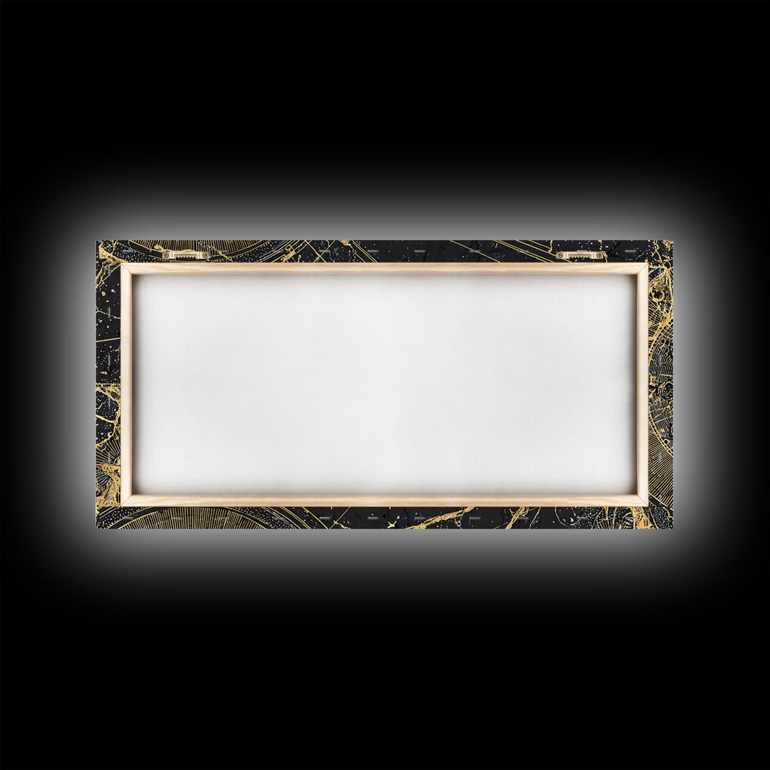 Golden Cosmic Web And Solar Orbit Framed Canvas Print, Abstract Wall Art, Black And Gold Decor, Mystical Astronomy Artwork