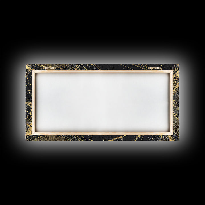 Golden Cosmic Web And Solar Orbit Framed Canvas Print, Abstract Wall Art, Black And Gold Decor, Mystical Astronomy Artwork