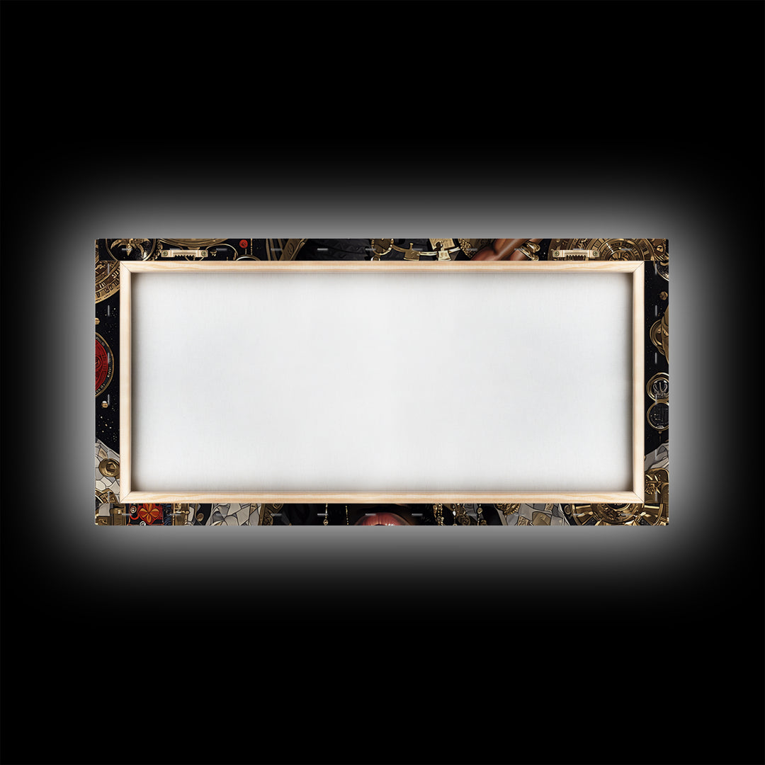 Afrofuturist Golden Mask Portrait Framed Canvas Print, African Wall Art, Black Culture Art, Luxury Afrocentric Home Decor