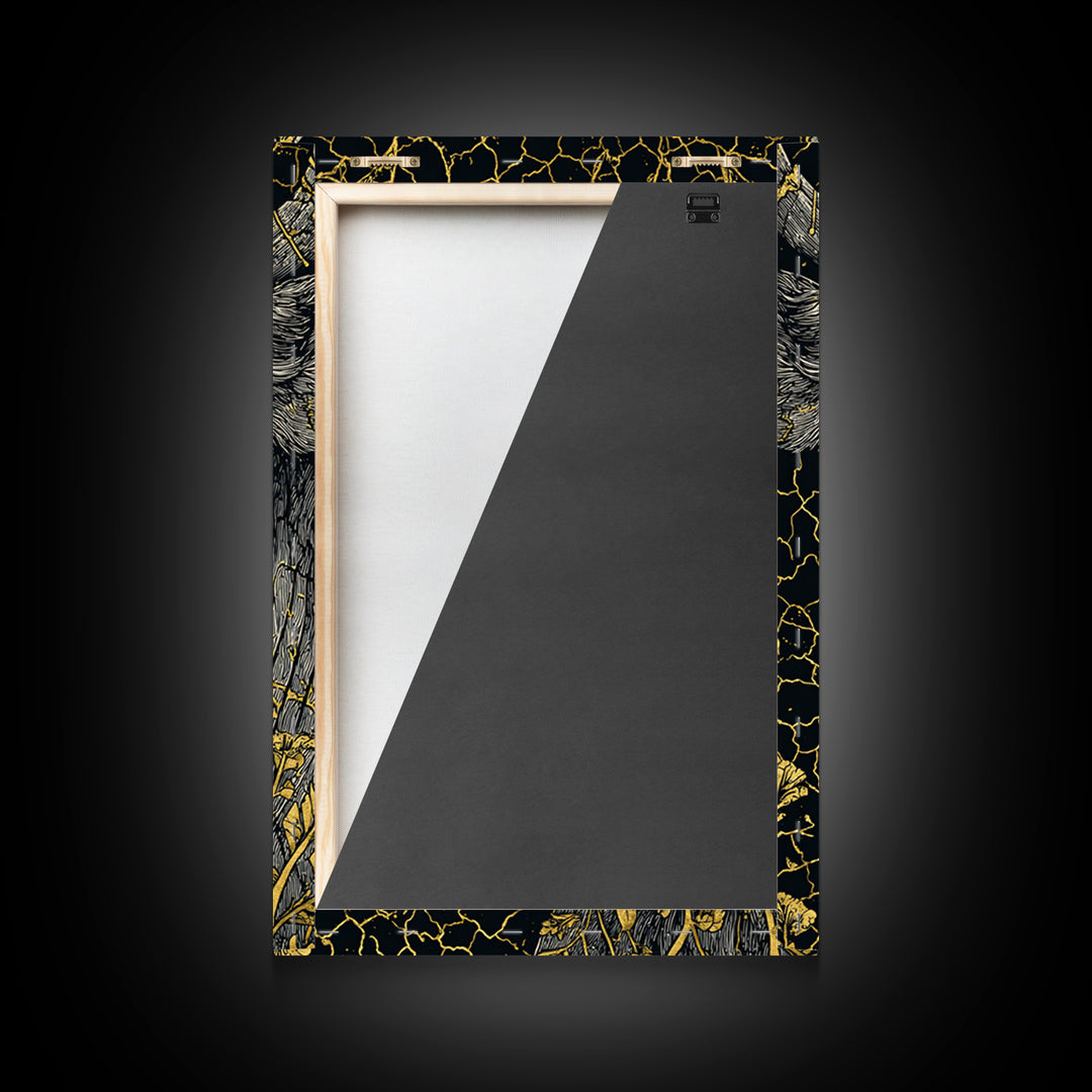 Cracked Gold Bull Portrait With Horns, Framed Canvas Print, Animal Wall Art, Black And Gold Art, Rustic Decor Statement Piece