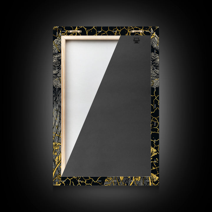 Cracked Gold Bull Portrait With Horns, Framed Canvas Print, Animal Wall Art, Black And Gold Art, Rustic Decor Statement Piece