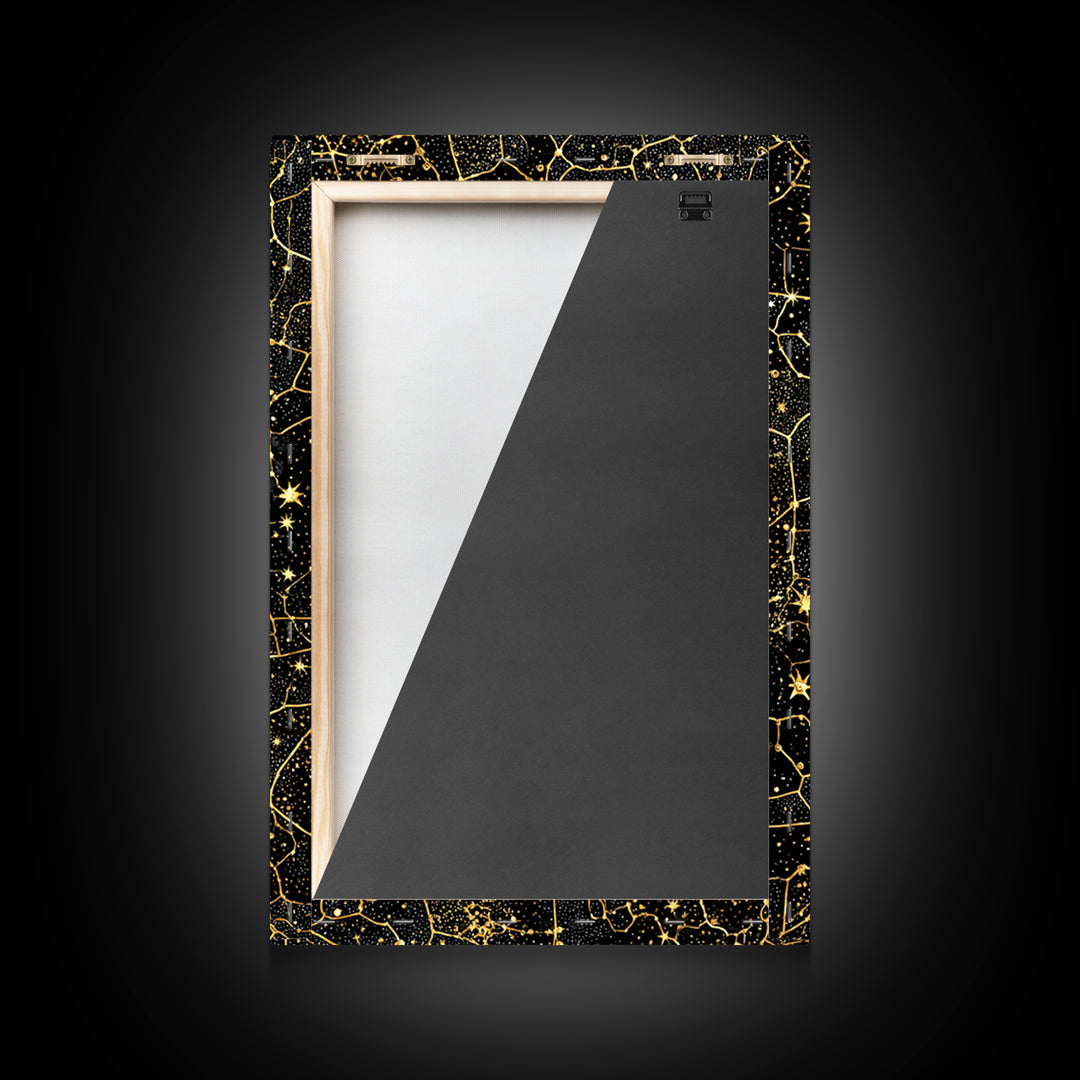 Black And Gold Celestial Crackle Pattern, Abstract Wall Art, Luxury Canvas Print, Geometric Home Decor, Starry Art, Modern Black Decor