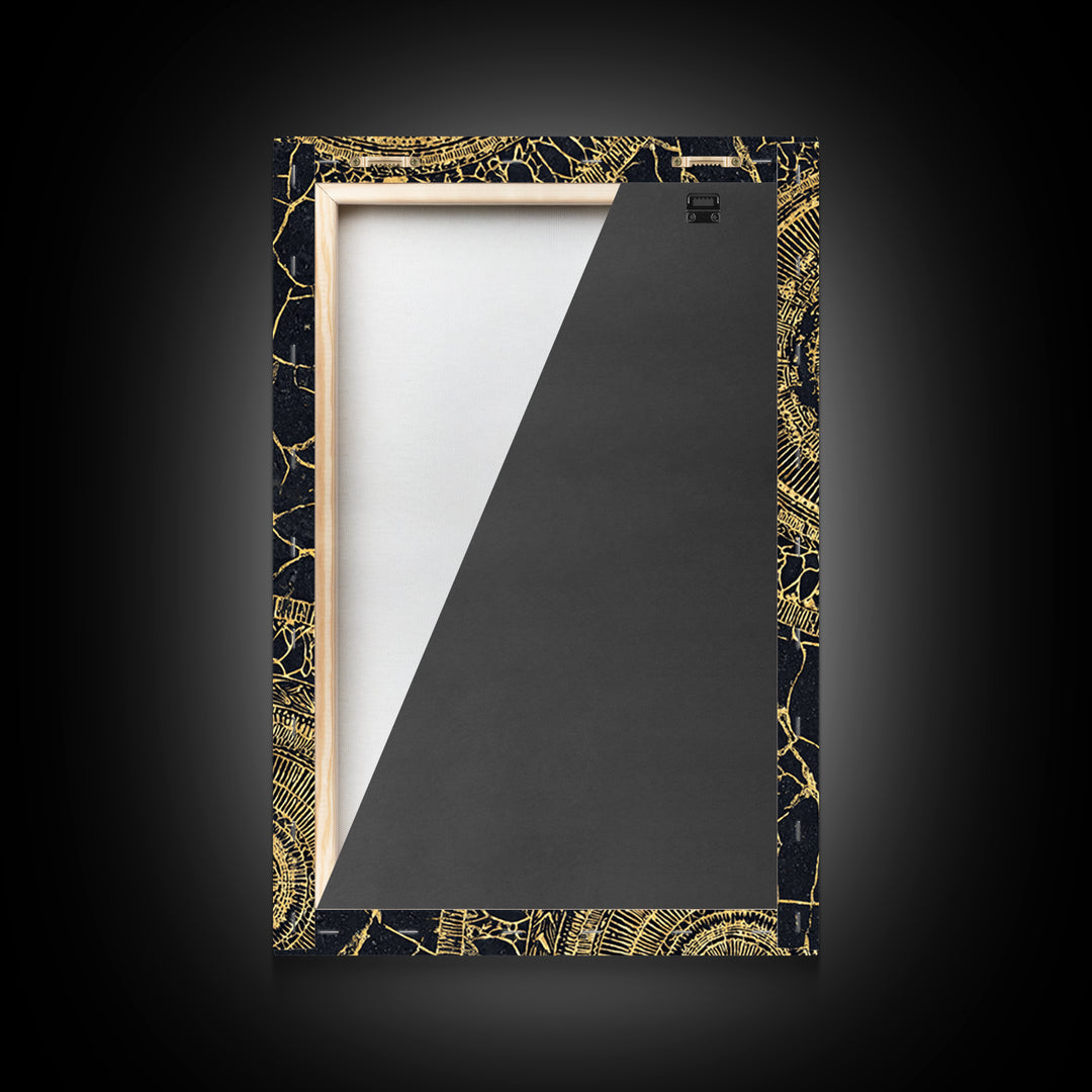 Black And Gold Tribal Mandala Pattern Framed Canvas Print, Geometric African Wall Decor, Abstract Ethnic Art, Luxury Gift