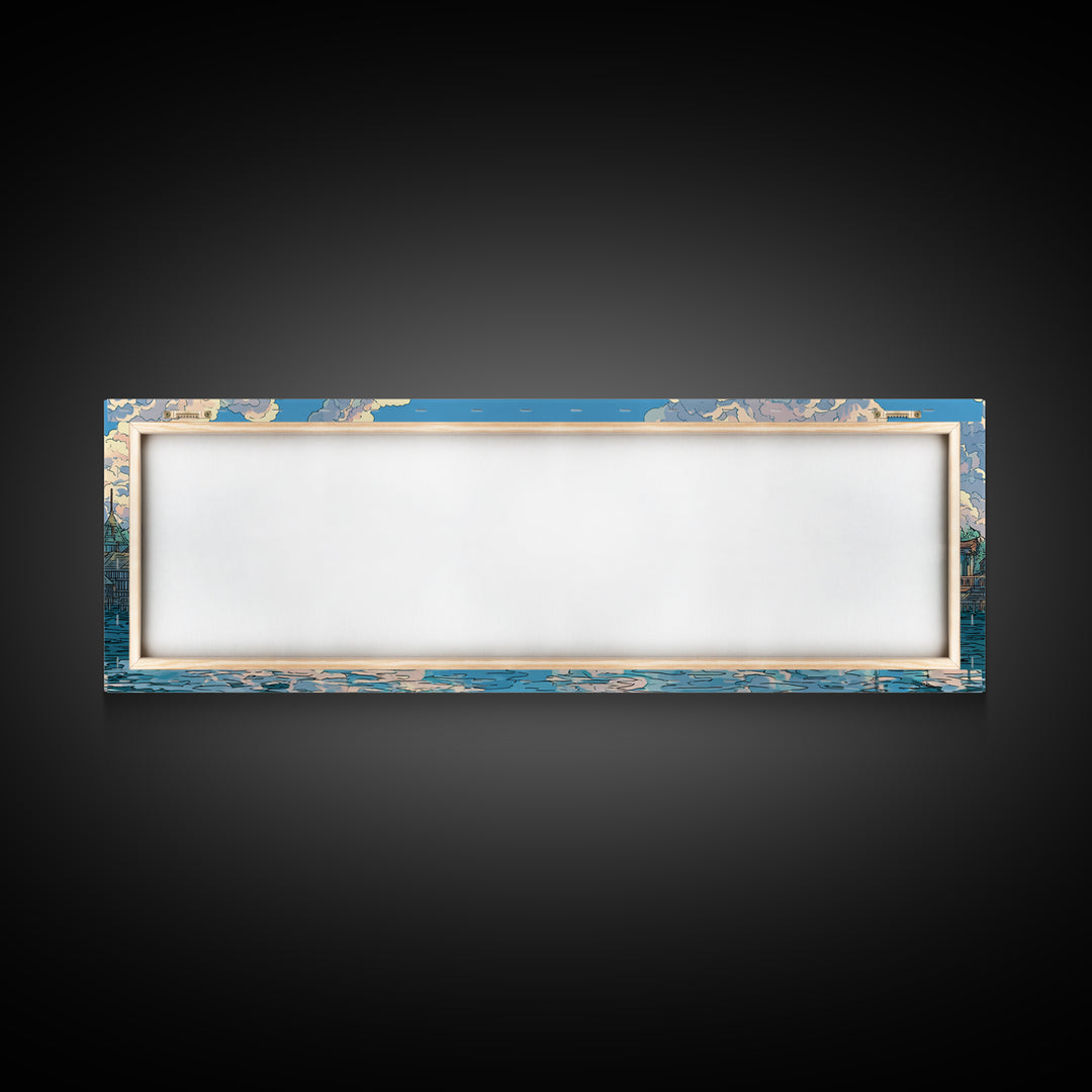 Cloud Filled Harbor Village And Calm Sea Wall Art, Pastel Blue Canvas Print, Coastal Home Decor, Large Living Room Art Print