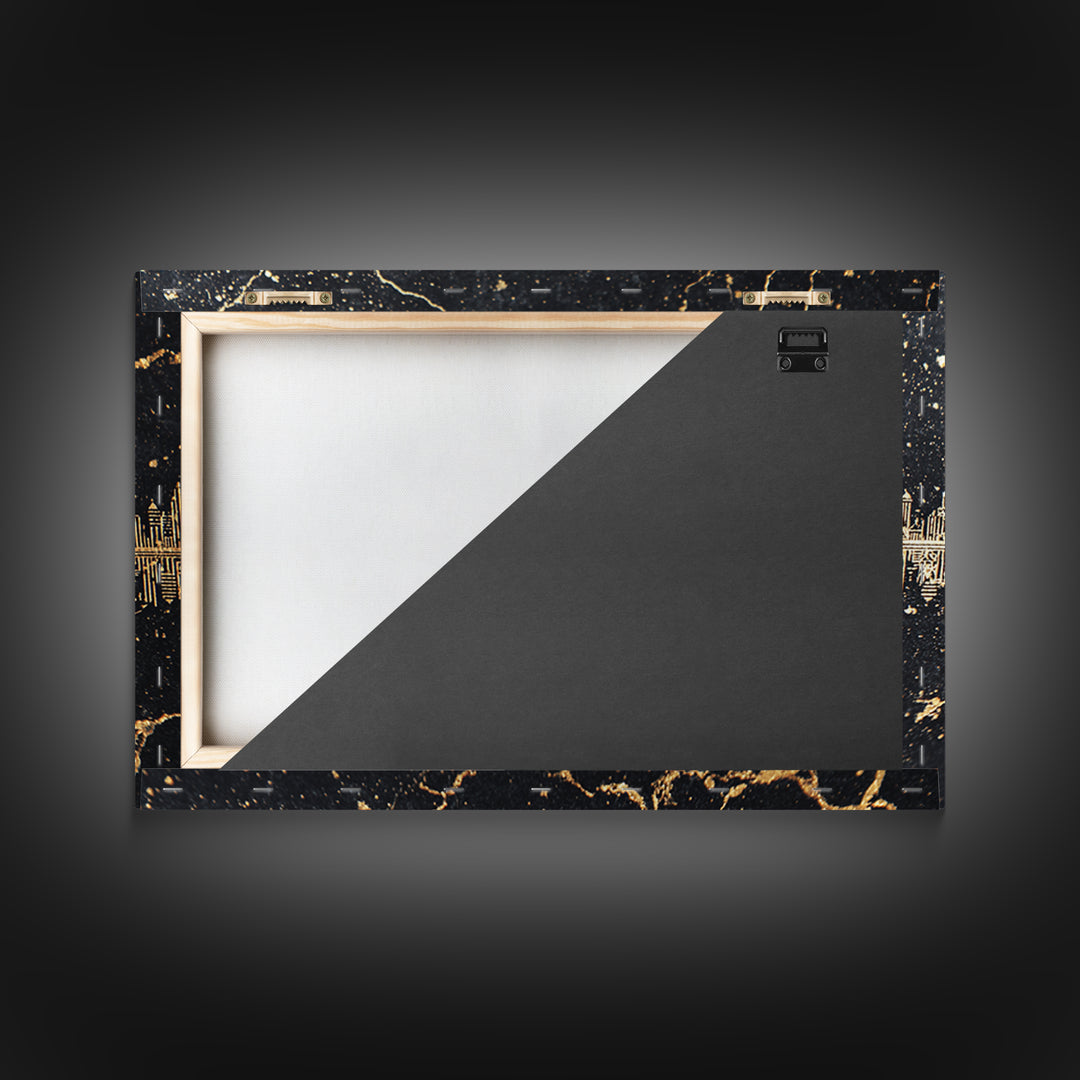 Gold Line Art Skyline Reflected On Black Marble Wall Art, Luxury Canvas Print, Modern Office Decor, Elegant Home Decor Gift