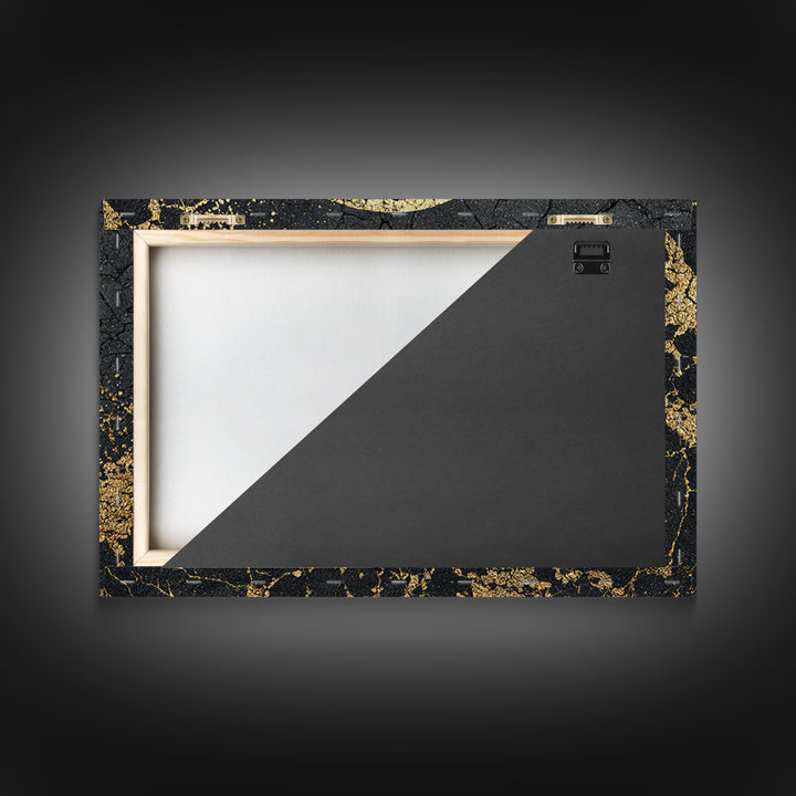 Gold Crescent On Cracked Black Stone Wall Art, Abstract Black Art, Luxury Canvas Art, Spiritual Statement Modern Home Decor Gift