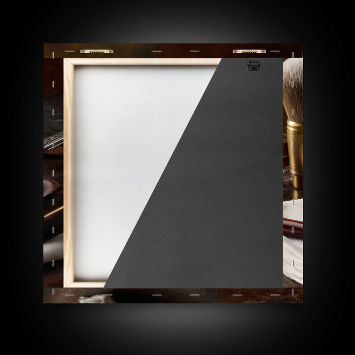 Straight Razor and Shaving Brush on Dark Framed Canvas Print, Barbershop Art, Orange Wall Art, Barbershop Decor, Grooming, BAA-1x1-74