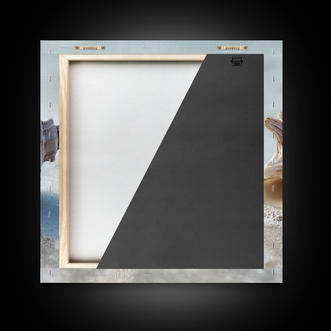Minimal Seashell Still Life on Pale Sand Framed Canvas Print, Bathroom Art, Minimalist Wall Art, Bathroom Decor, Oil Painting, BAT-1x1-51