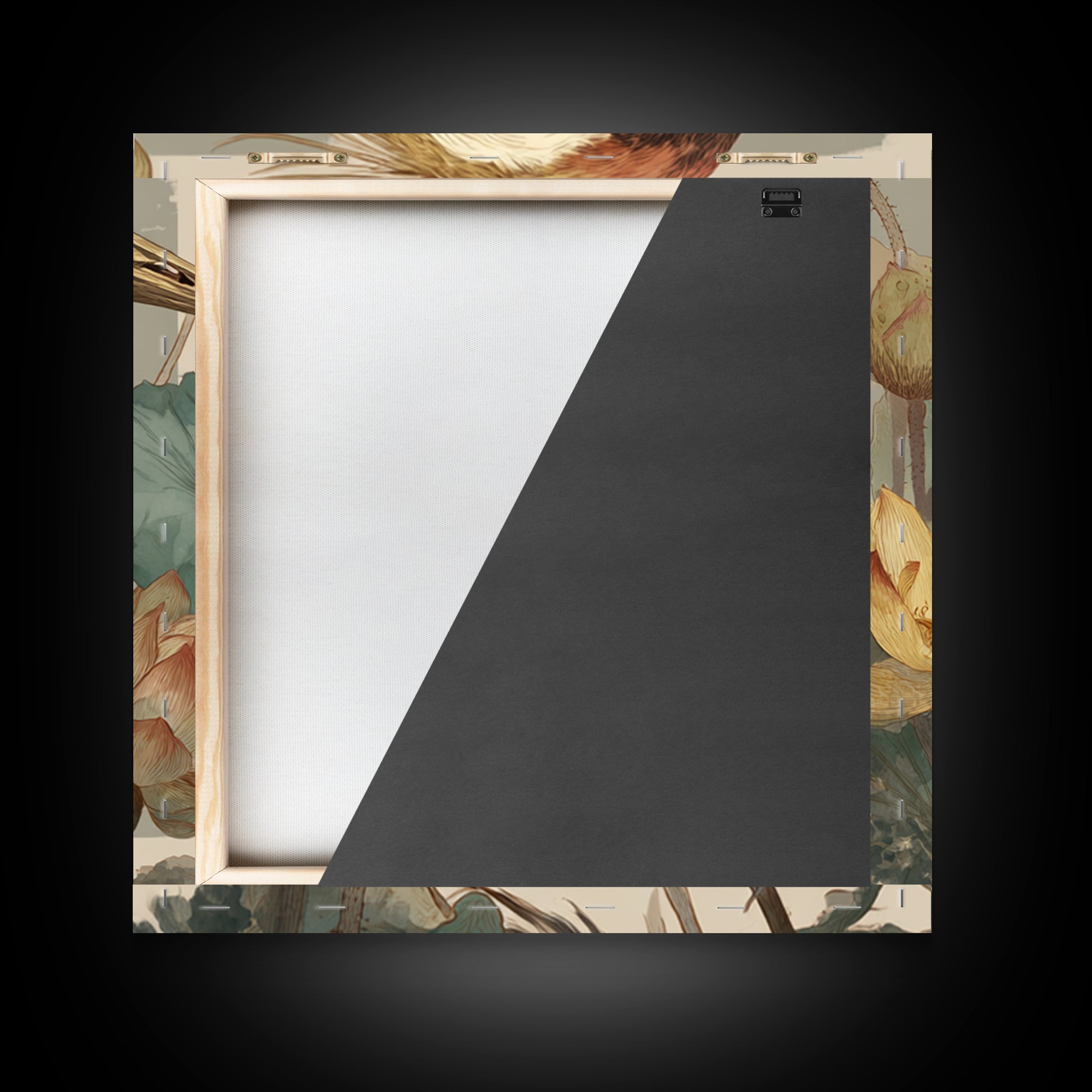 Crane and Lotus Composition Framed Canvas Print, Bird Art, Gallery Decor, Living Room Decor, Fine Art, Flight, Contemporary Art, BIR-1x1-65