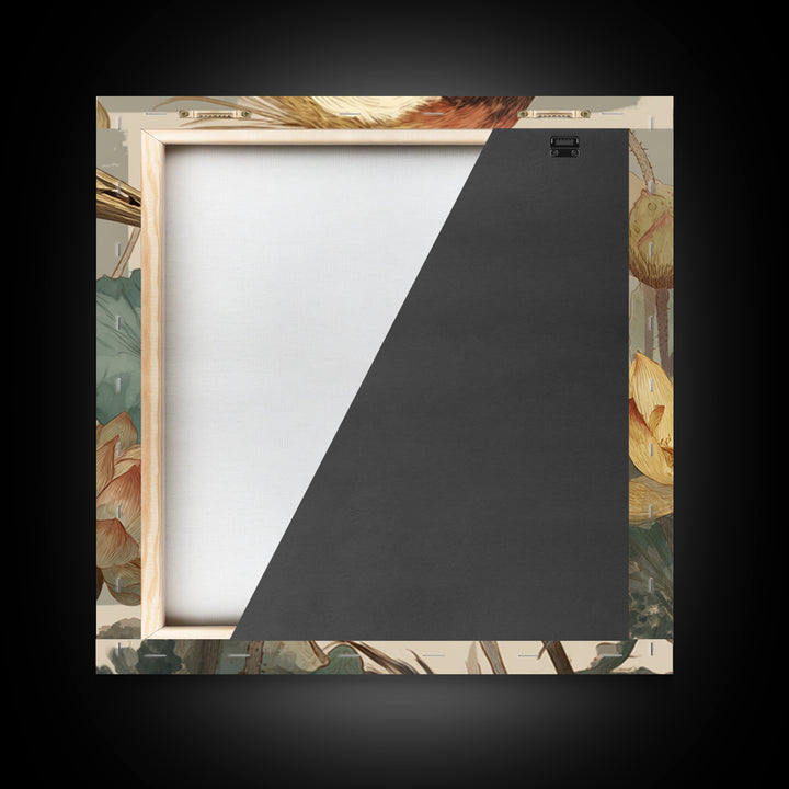 Crane and Lotus Composition Framed Canvas Print, Bird Art, Gallery Decor, Living Room Decor, Fine Art, Flight, Contemporary Art, BIR-1x1-65
