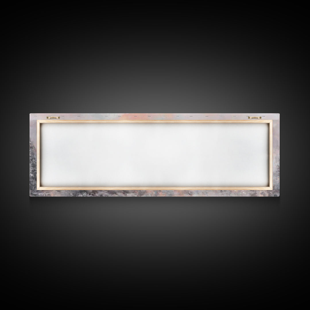 Snowlit Church Dawn | Framed Canvas Print | Christian Wall Art | Christmas Art Work | Christian Christmas Decor | Panoramic Painting | Chri