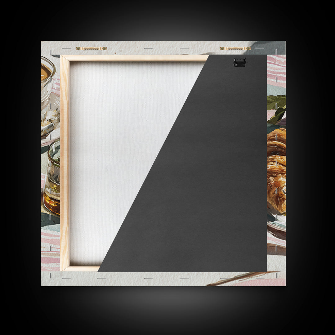 Croissant and Cappuccino on Striped Cloth Framed Canvas Print, Coffee Shop Art, Textured Painting, Cafe Decor, Fine Art, Cafe, CSA-1x1-29