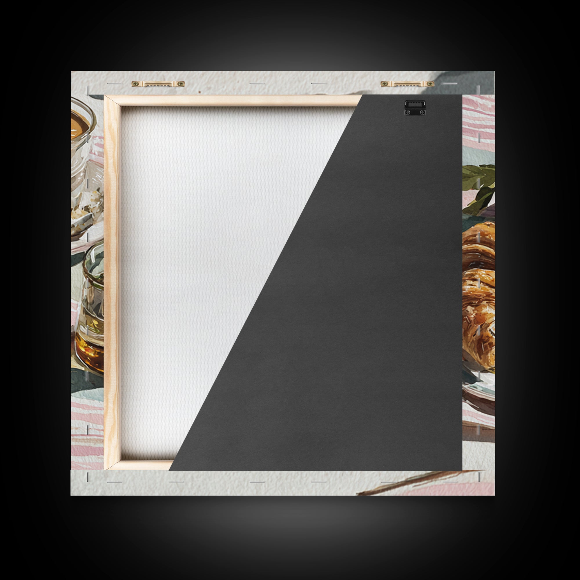 Croissant and Cappuccino on Striped Cloth Framed Canvas Print, Coffee Shop Art, Textured Painting, Cafe Decor, Fine Art, Cafe, CSA-1x1-29