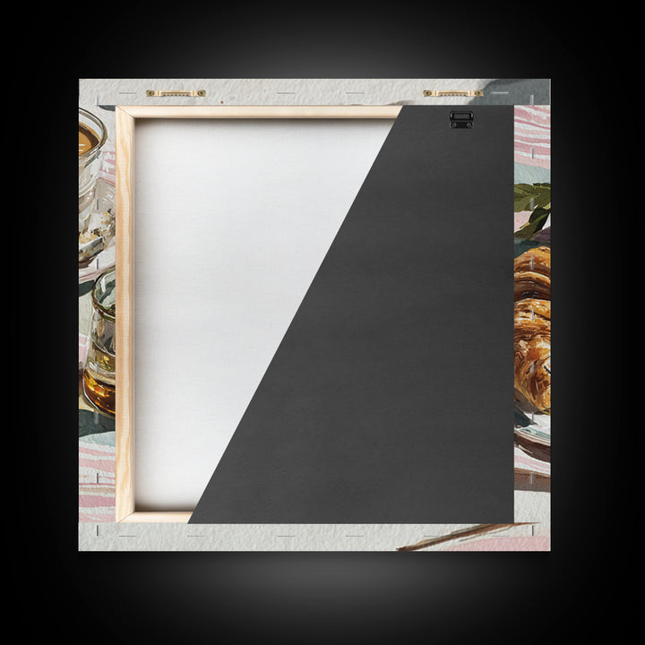 Croissant and Cappuccino on Striped Cloth Framed Canvas Print, Coffee Shop Art, Textured Painting, Cafe Decor, Fine Art, Cafe, CSA-1x1-29