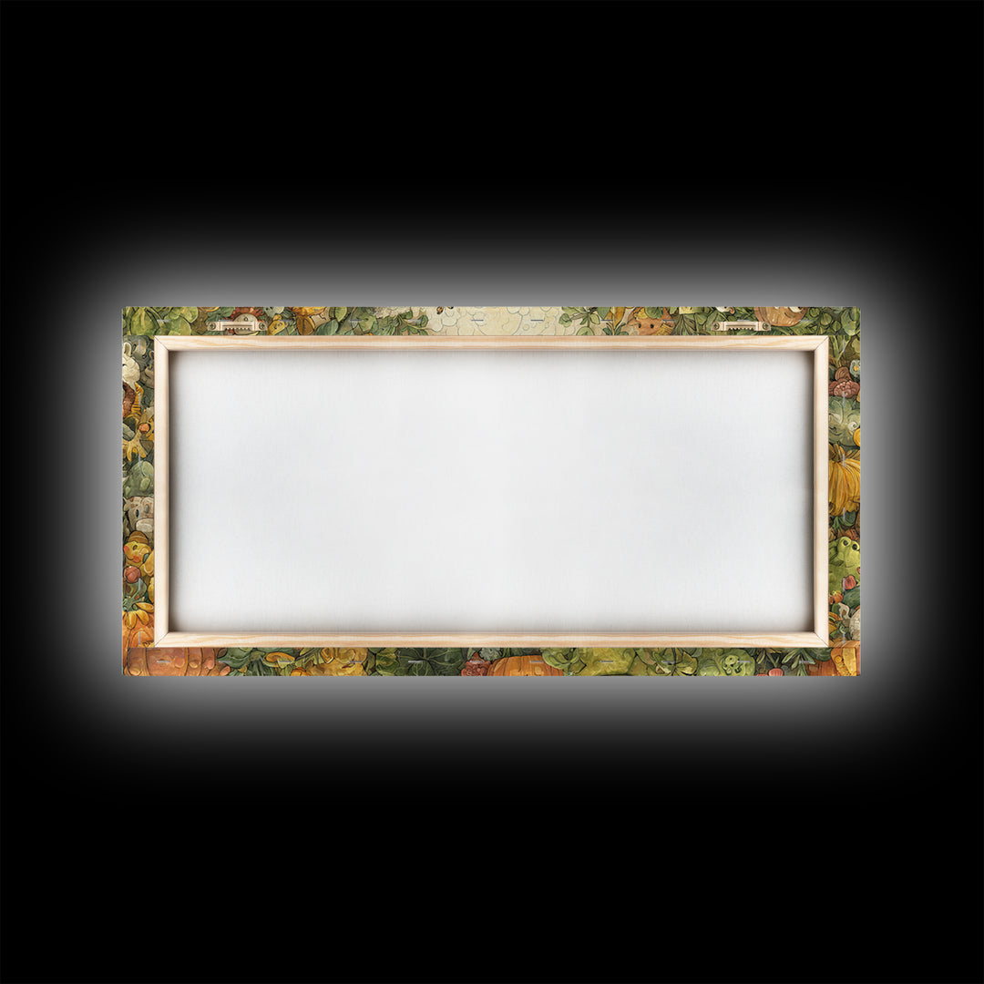 The Friendly Familiar Club, Paper Collage Halloween, Wide Panoramic Art, Framed Canvas Print, Cute Halloween Wall Art