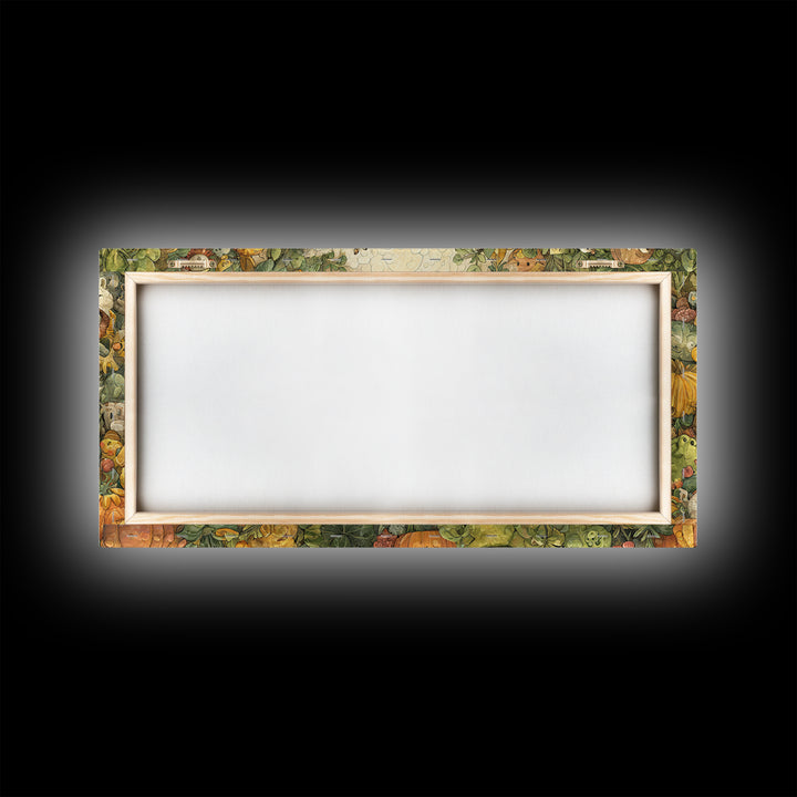 The Friendly Familiar Club, Paper Collage Halloween, Wide Panoramic Art, Framed Canvas Print, Cute Halloween Wall Art