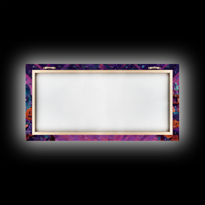 The Moonlight Toy Shop, Vaporwave Halloween Art, Wide Panoramic Art, Framed Canvas Print, Cute Halloween Wall Art