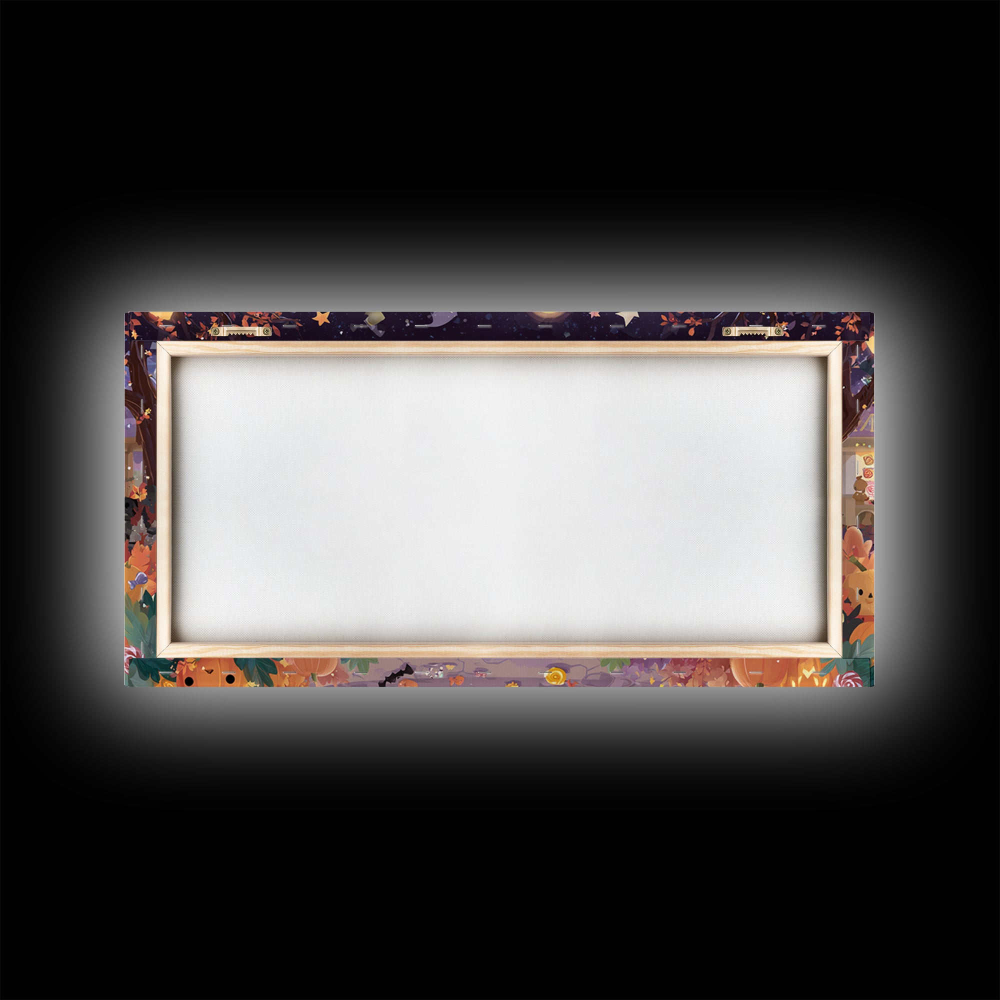 The Trick-Or-Treat Village Square, Kawaii Halloween Art, Wide Panoramic Art, Framed Canvas Print, Cute Halloween Wall Art