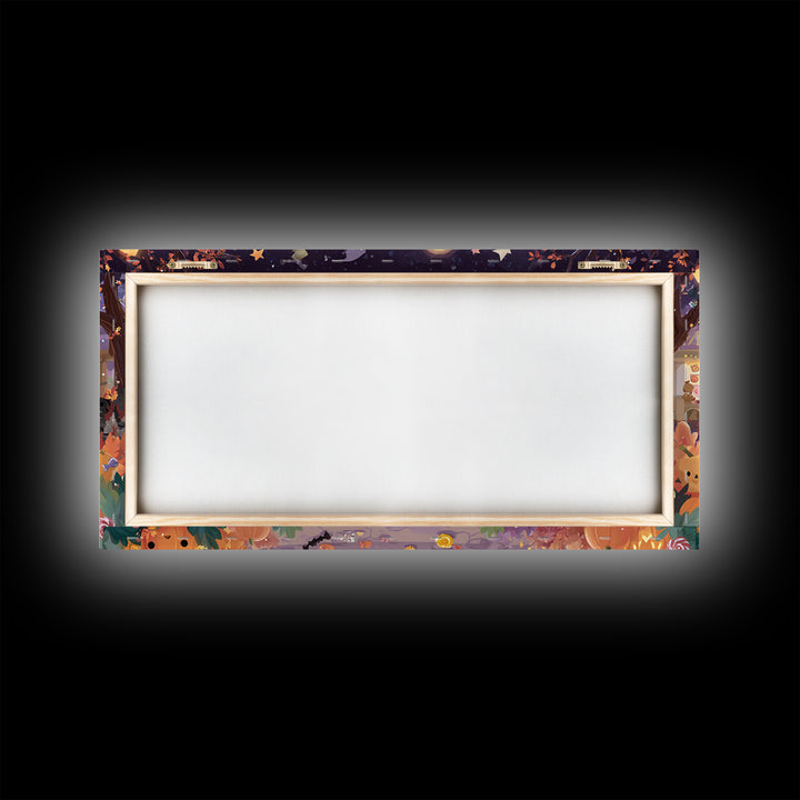 The Trick-Or-Treat Village Square, Kawaii Halloween Art, Wide Panoramic Art, Framed Canvas Print, Cute Halloween Wall Art