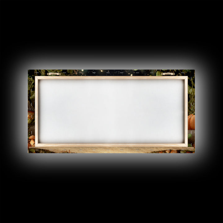 The Pumpkin Fairy Garden, Clay Halloween Art, Wide Panoramic Art, Framed Canvas Print, Cute Halloween Wall Art