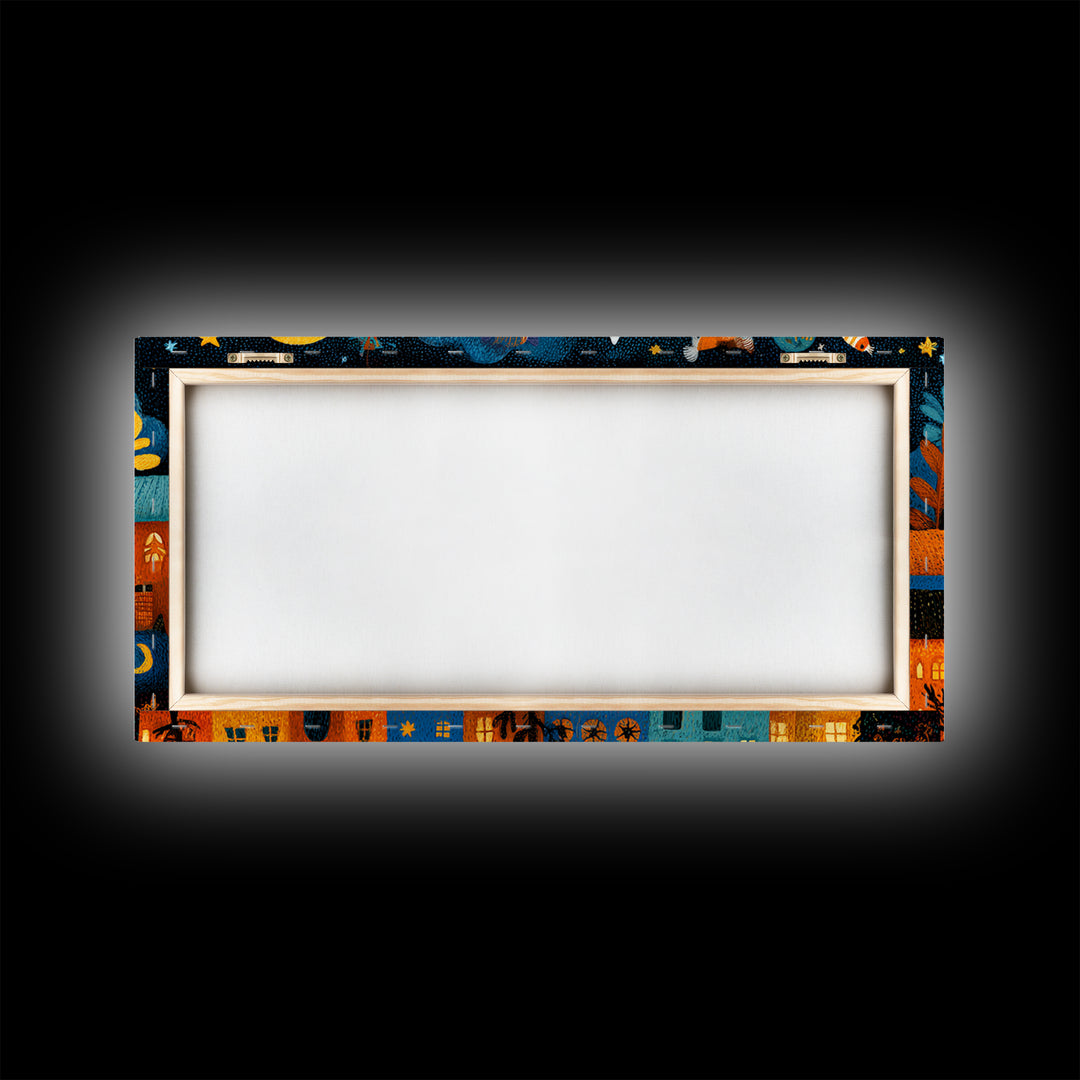 The Rainbow Halloween Night, Crayon Halloween Art, Wide Panoramic Art, Framed Canvas Print, Cute Halloween Wall Art