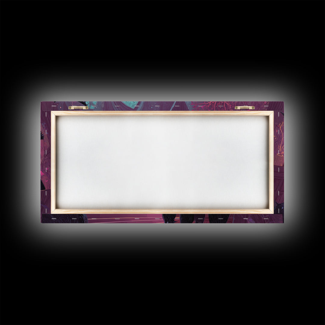 The Raven Sermon Of Leng, Vaporwave Halloween Art, Wide Panoramic Art, Framed Canvas Print, Cute Halloween Wall Art