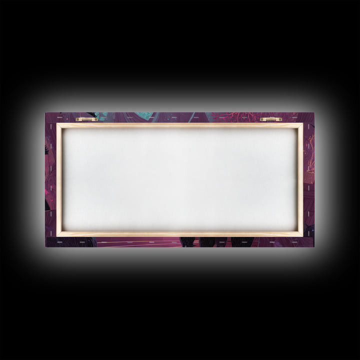 The Raven Sermon Of Leng, Vaporwave Halloween Art, Wide Panoramic Art, Framed Canvas Print, Cute Halloween Wall Art
