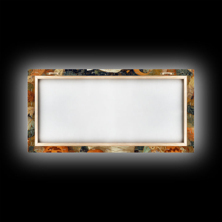 The Shy Little Mummy, Crayon Halloween Art, Wide Panoramic Art, Framed Canvas Print, Cute Halloween Wall Art