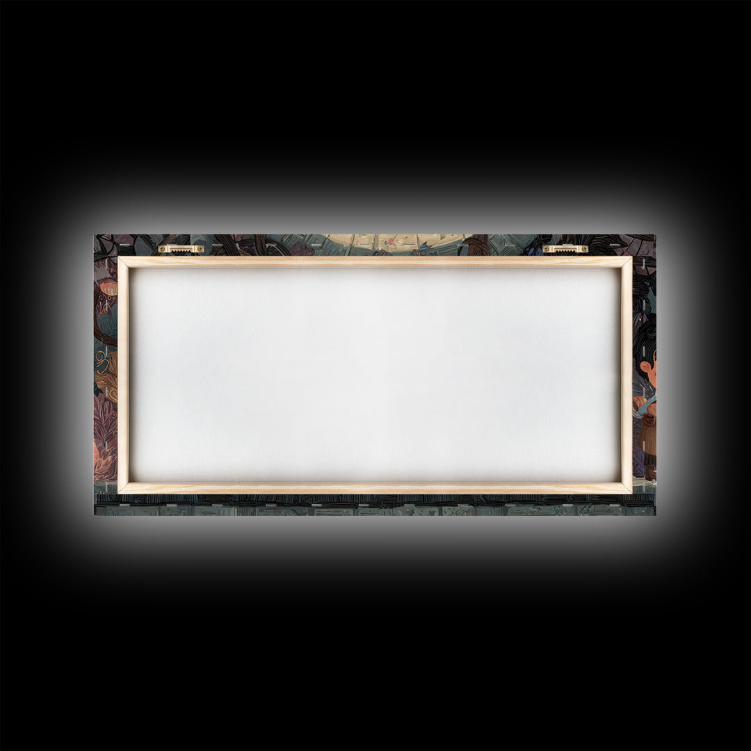 The Dreamwell Beneath Miskatonic, Kawaii Halloween Art, Wide Panoramic Art, Framed Canvas Print, Cute Halloween Wall Art