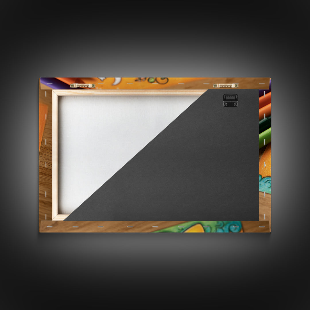 The Panda Pumpkin, Crayon Halloween Art, Landscape Wall Art, Framed Canvas Print, Cute Halloween Wall Art