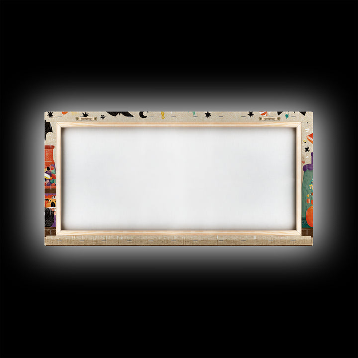 The Jellybean Potion Shop, Screenprint Halloween Art, Wide Panoramic Art, Framed Canvas Print, Cute Halloween Wall Art