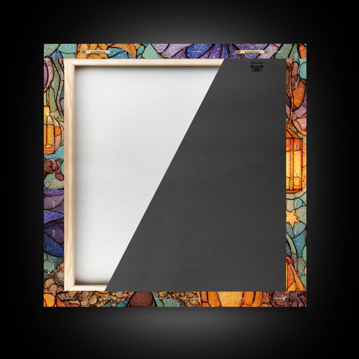 The Lantern-Light Wizard, Stained Glass Halloween, Square Wall Art, Canvas Print, Cute Halloween Wall Art