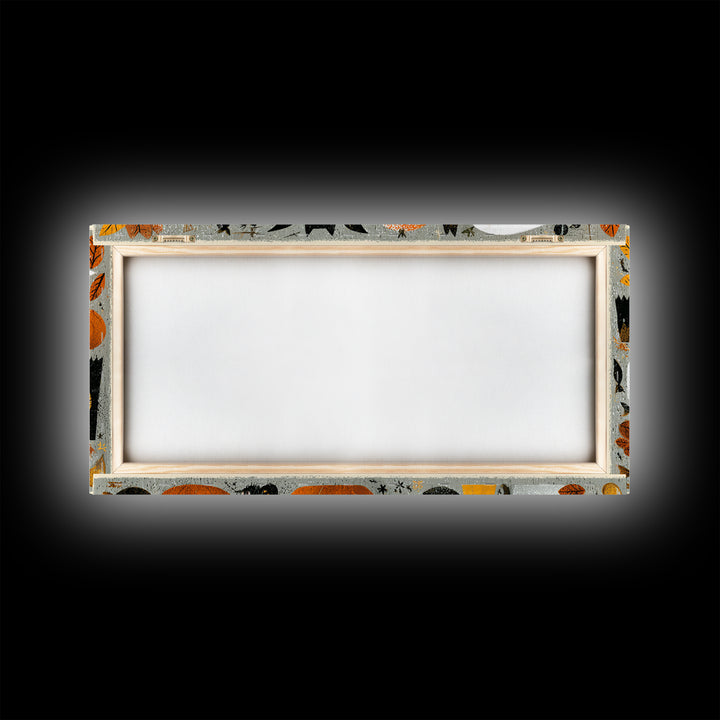 The Halloween Craft Table, Screenprint Halloween Art, Wide Panoramic Art, Framed Canvas Print, Cute Halloween Wall Art