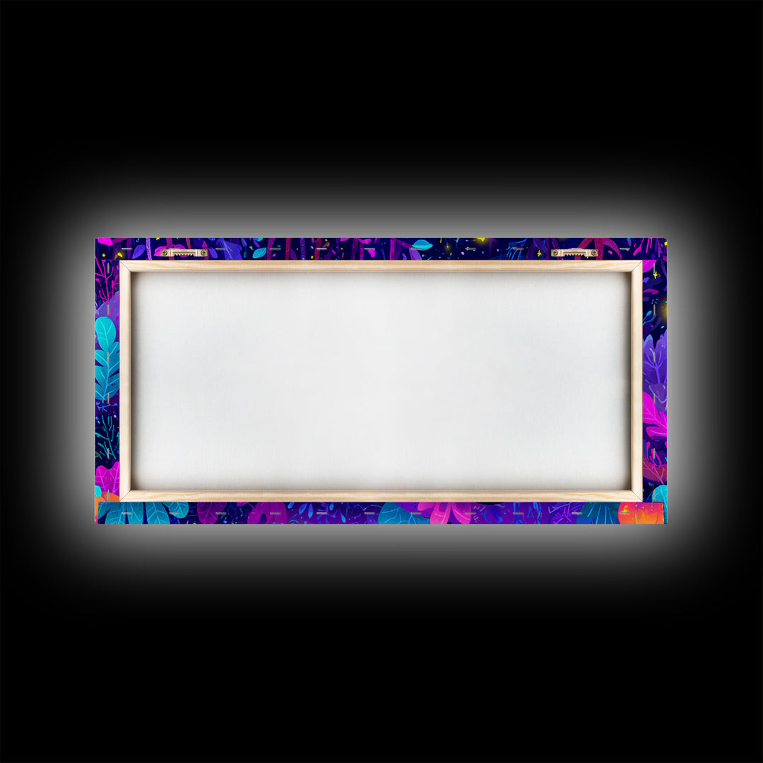 The Ghost And Firefly Friends, Vaporwave Halloween Art, Wide Panoramic Art, Framed Canvas Print, Cute Halloween Wall Art