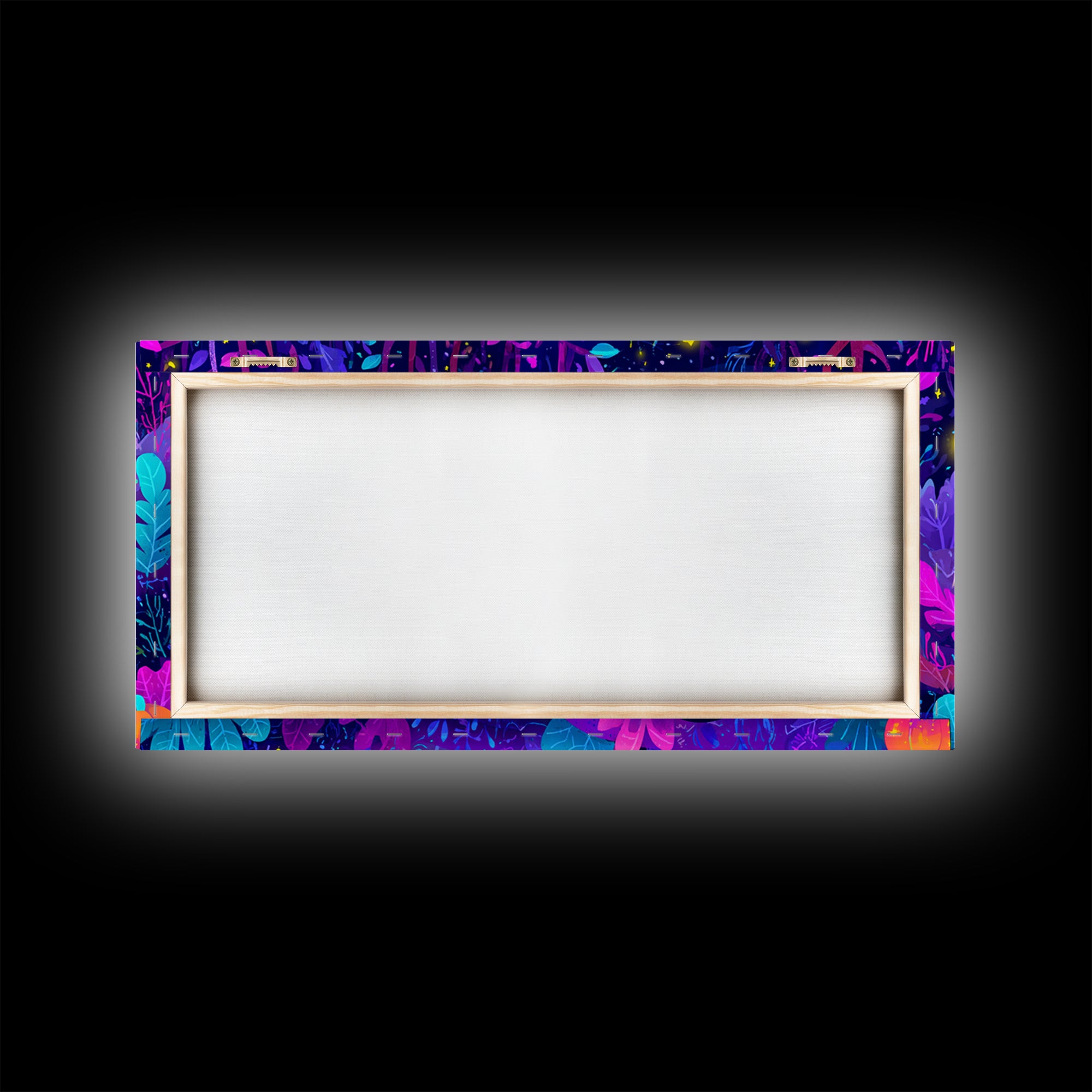 The Ghost And Firefly Friends, Vaporwave Halloween Art, Wide Panoramic Art, Framed Canvas Print, Cute Halloween Wall Art