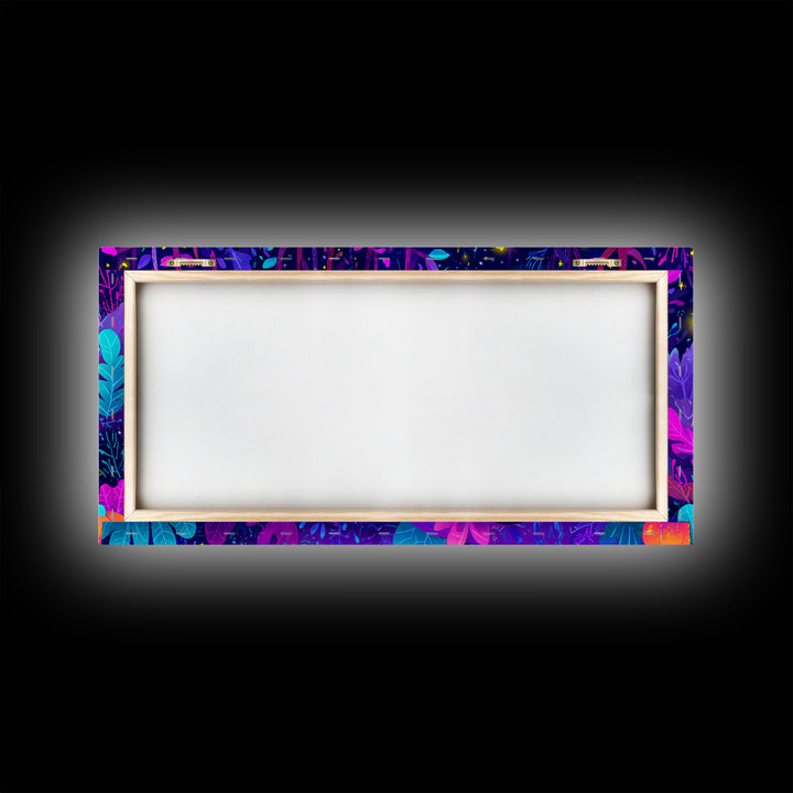 The Ghost And Firefly Friends, Vaporwave Halloween Art, Wide Panoramic Art, Framed Canvas Print, Cute Halloween Wall Art