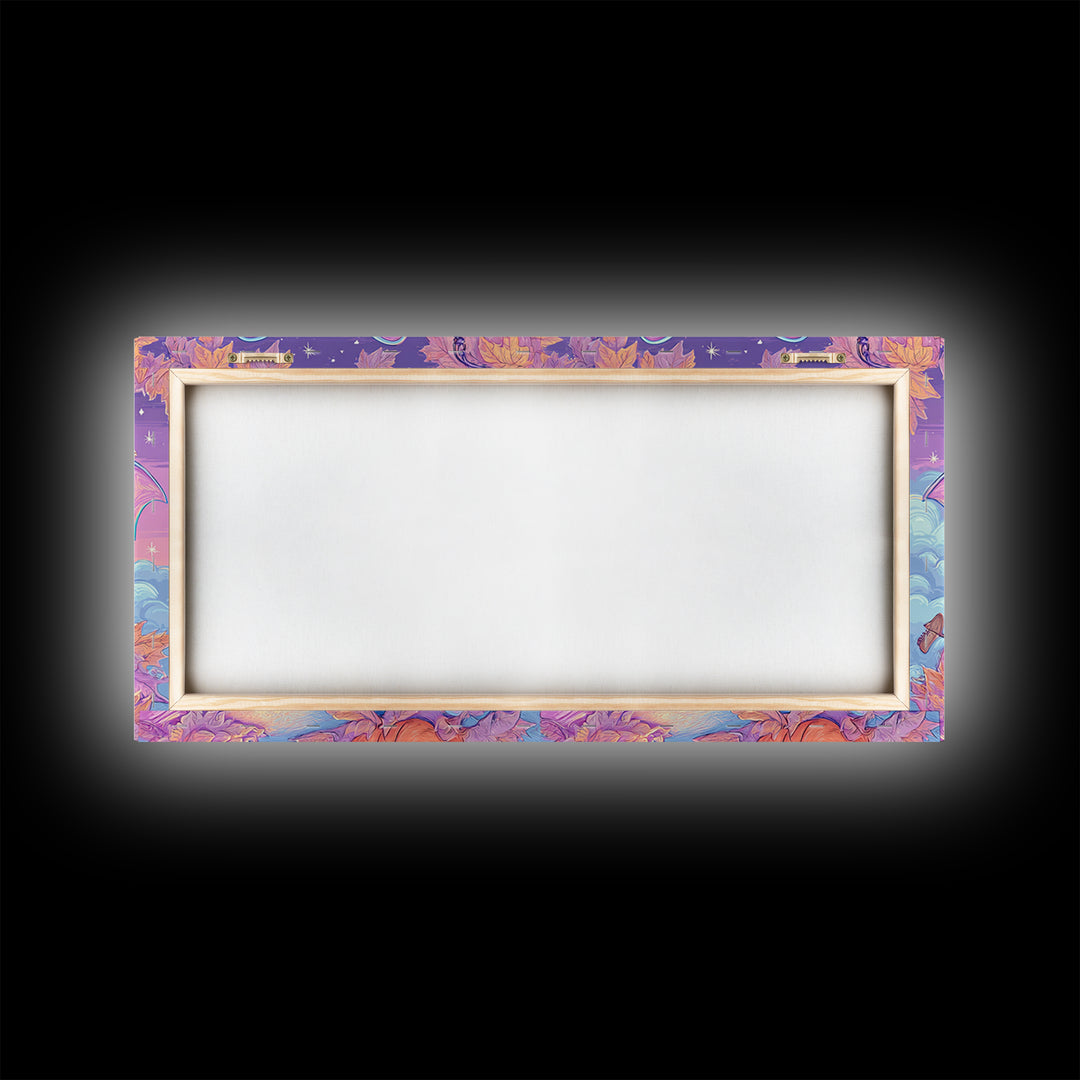 The Bow-Tie Bat, Vaporwave Halloween Decor, Wide Panoramic Art, Framed Canvas Print, Retro Halloween Decor, Neon Wall Art