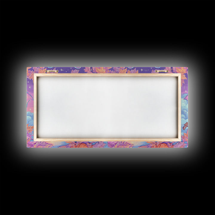 The Bow-Tie Bat, Vaporwave Halloween Decor, Wide Panoramic Art, Framed Canvas Print, Retro Halloween Decor, Neon Wall Art