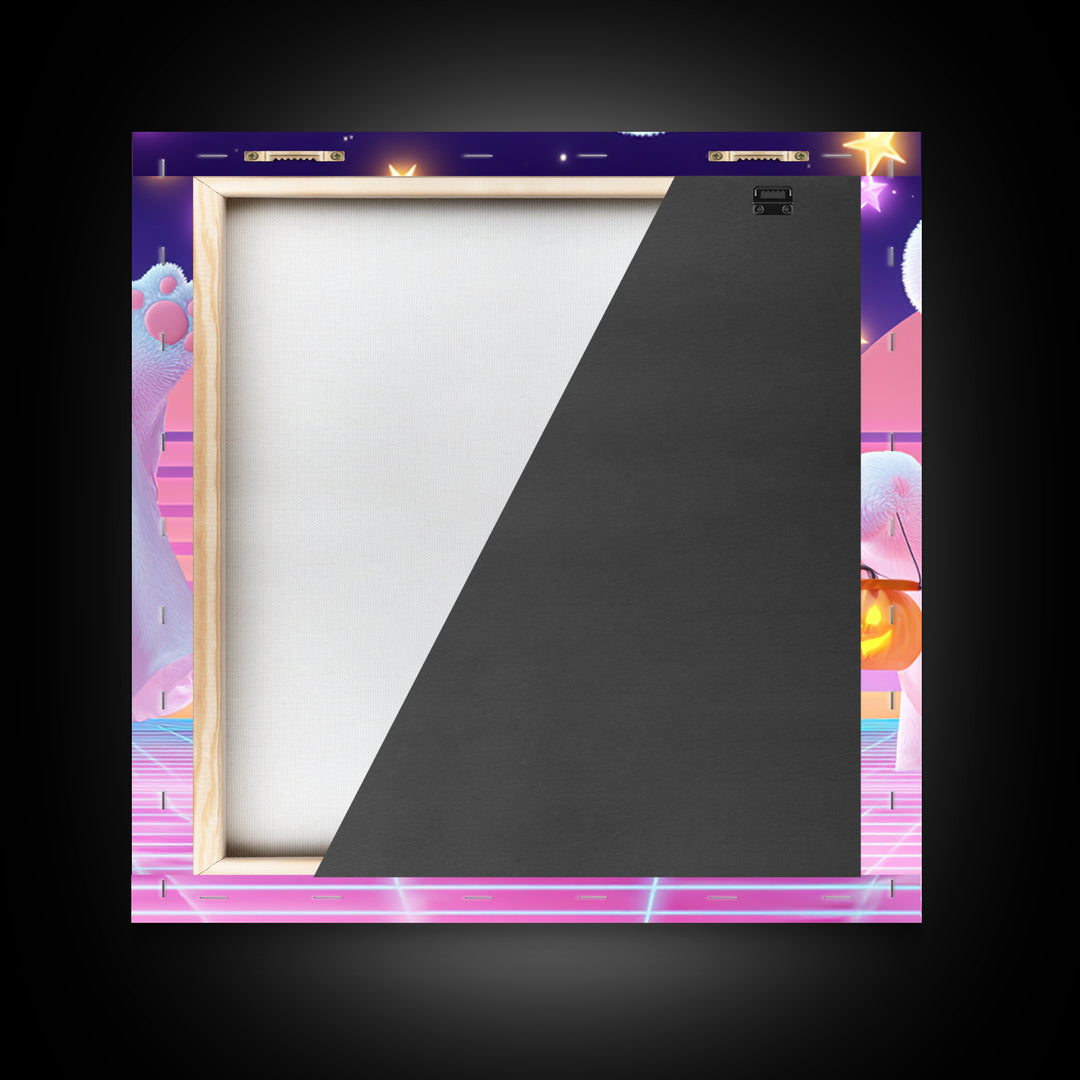The Bear Cub Ghost, 80s Halloween Wall Art, Square Wall Art, Framed Canvas Print, Retro Halloween Decor, Neon Wall Art