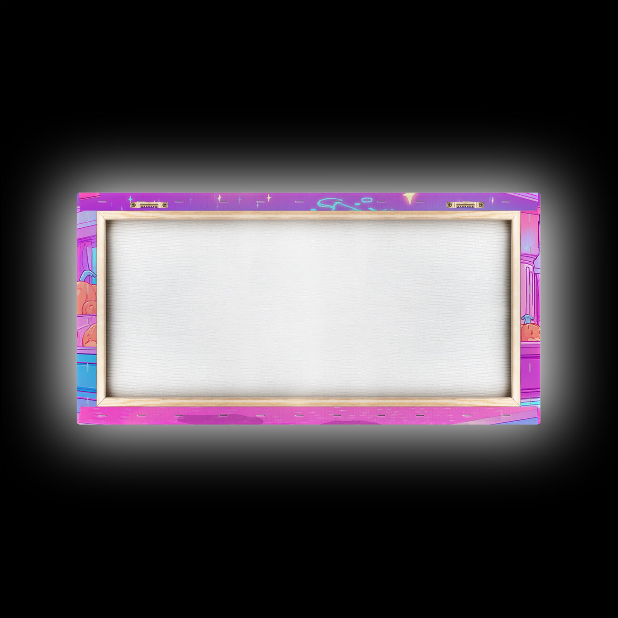 The Friendly Ghost Hotel, Cute Spooky Neon Art, Wide Panoramic Art, Framed Canvas Print, Retro Halloween Decor, Neon Wall Art