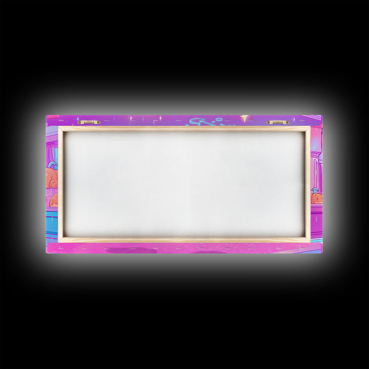 The Friendly Ghost Hotel, Cute Spooky Neon Art, Wide Panoramic Art, Framed Canvas Print, Retro Halloween Decor, Neon Wall Art