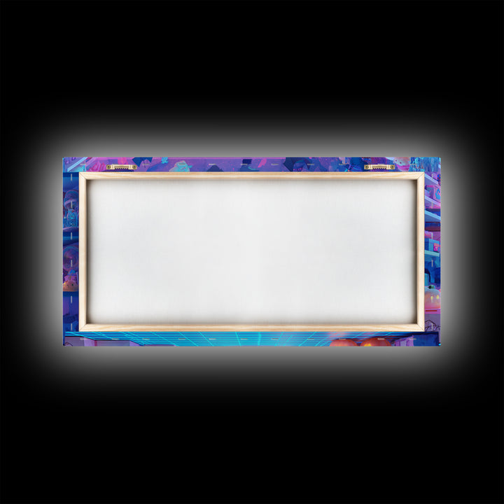 The Moonlight Toy Shop, Vaporwave Halloween Decor, Wide Panoramic Art, Canvas Print, Retro Halloween Decor, Neon Wall Art