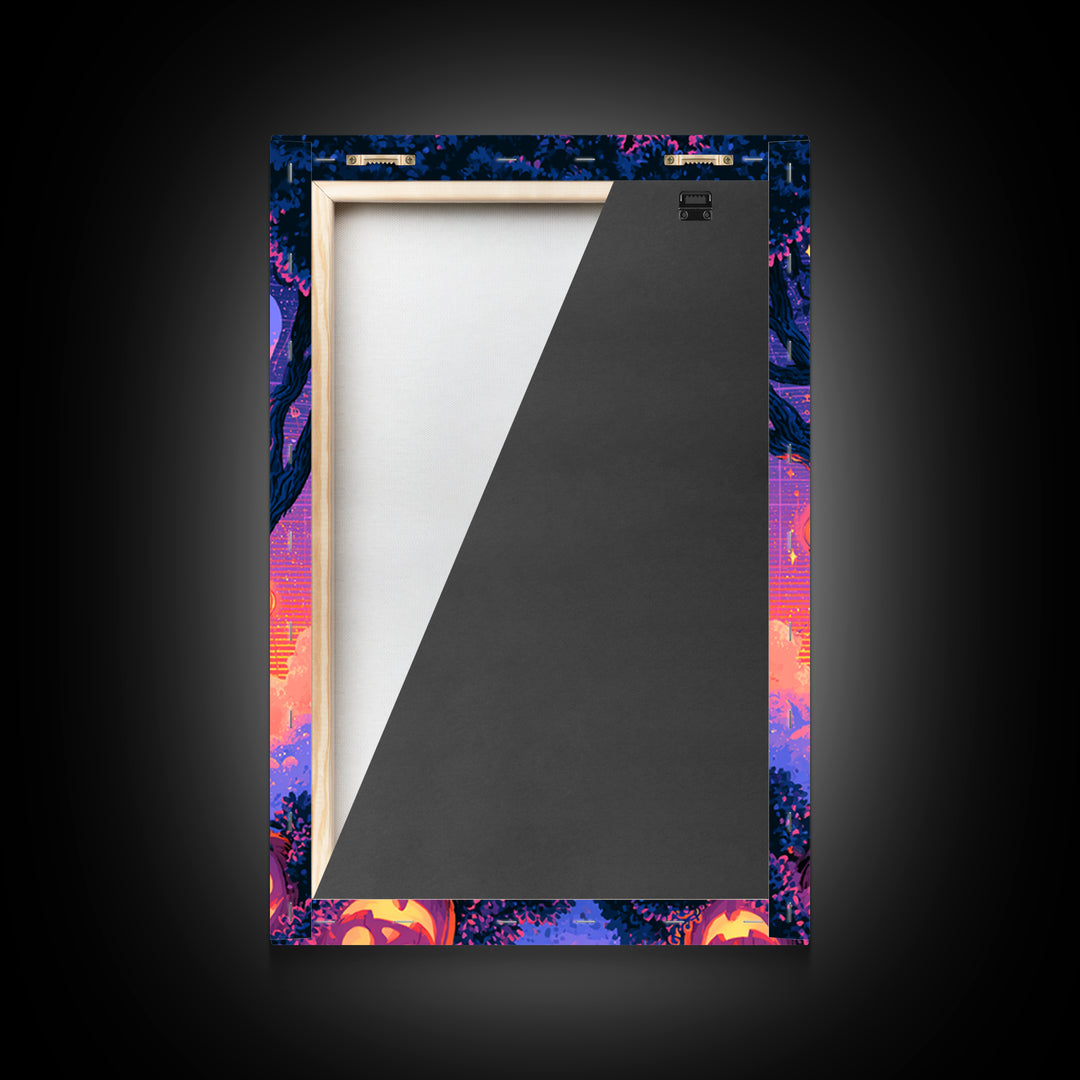 The Ghostly Treehouse, Vaporwave Halloween Decor, Vertical Wall Art, Canvas Print, Retro Halloween Decor, Neon Wall Art, Statement Wall Art