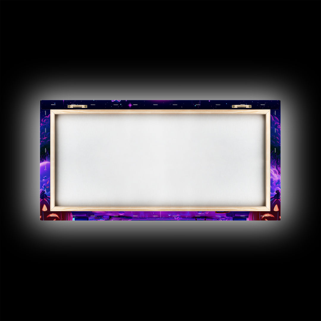 The Moonbeam Library, Vaporwave Halloween Decor, Wide Panoramic Art, Canvas Print, Retro Halloween Decor, Neon Wall Art, Macabre Wall Art