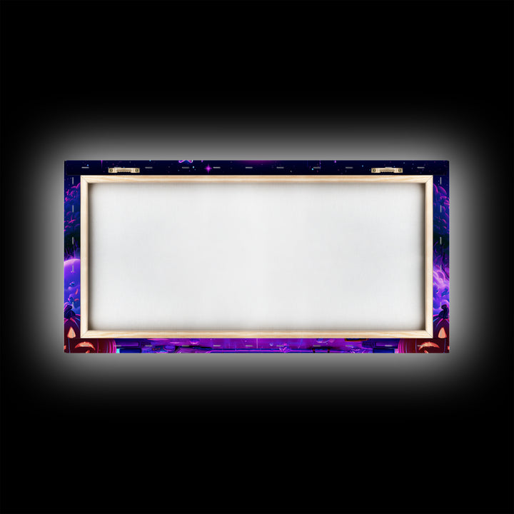 The Moonbeam Library, Vaporwave Halloween Decor, Wide Panoramic Art, Canvas Print, Retro Halloween Decor, Neon Wall Art, Macabre Wall Art