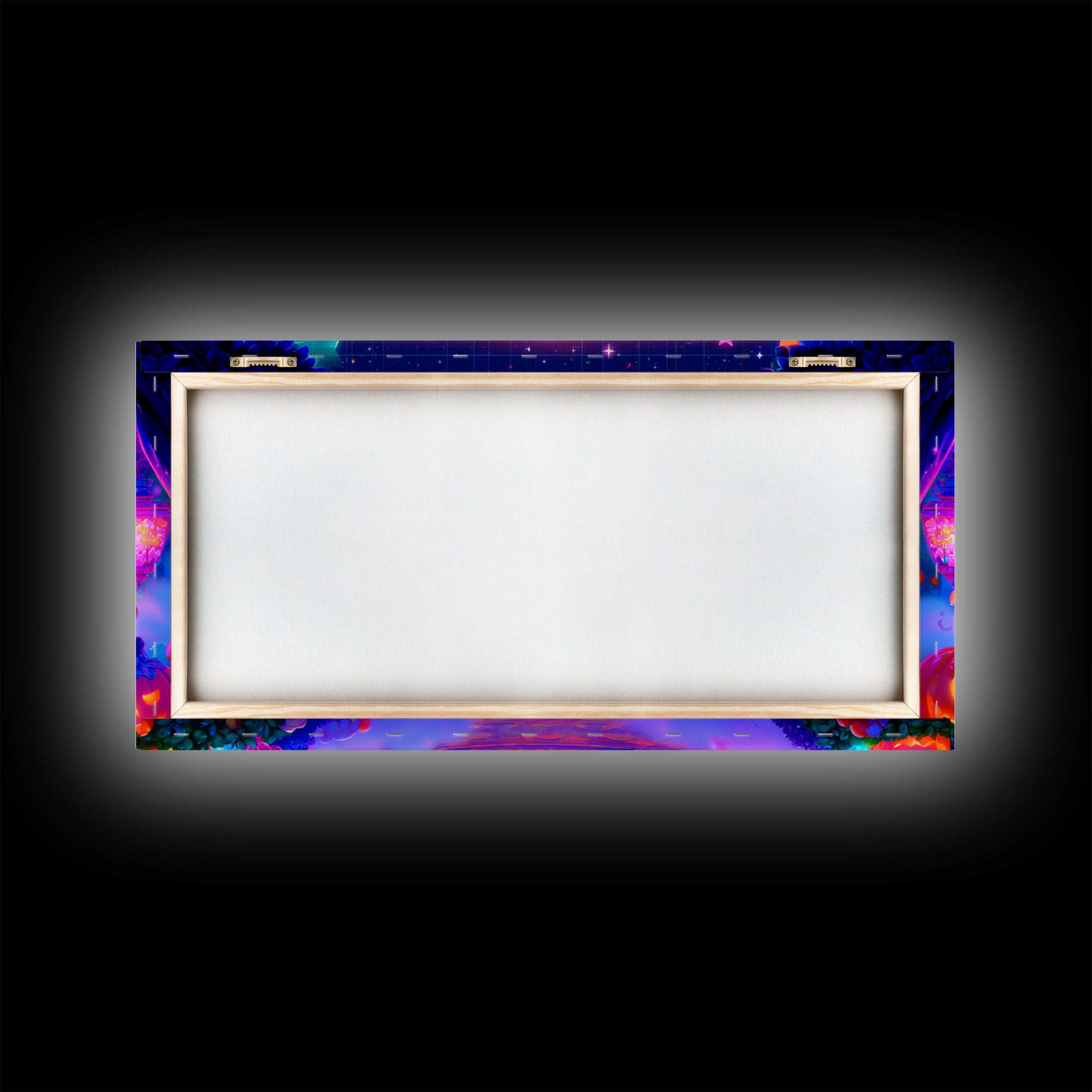The Trick-Or-Treat Village Square, Synthwave Halloween Art, Wide Panoramic Art, Framed Canvas Print, Retro Halloween Decor, Neon Wall Art