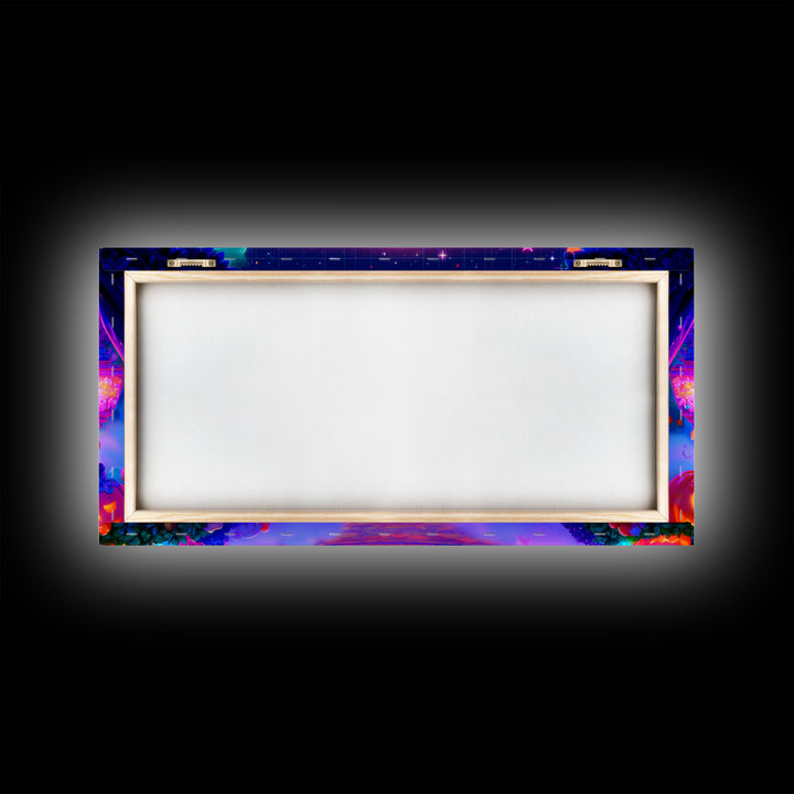 The Trick-Or-Treat Village Square, Synthwave Halloween Art, Wide Panoramic Art, Framed Canvas Print, Retro Halloween Decor, Neon Wall Art
